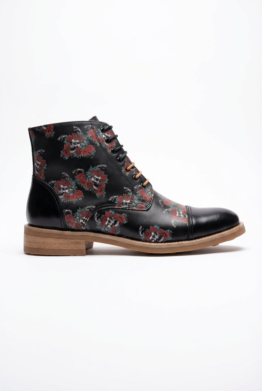 Adam - Men's Black Floral Skull Print Leather Oxford Boots