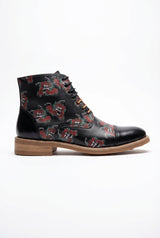 Adam - Men's Black Floral Skull Print Leather Oxford Boots
