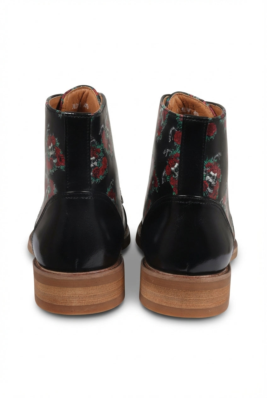 Adam - Men's Black Floral Skull Print Leather Oxford Boots