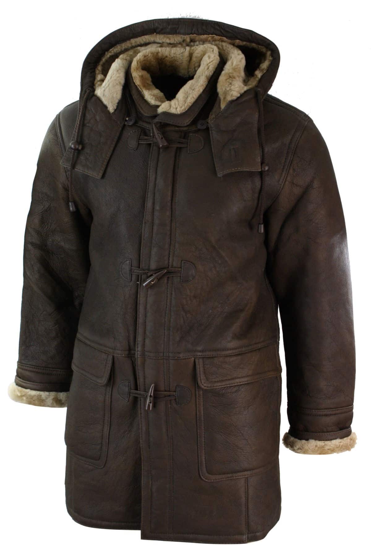 Mens Winter Real Sheepskin Leather Duffle Safari Jacket Brown & Cream Hood Vintage-B3 Brown Ginger