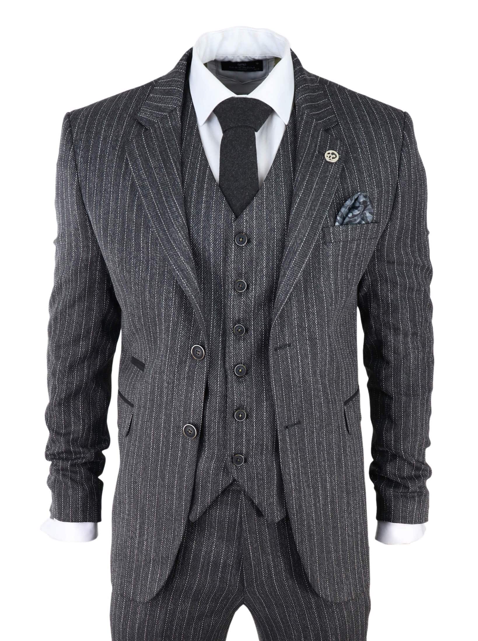 Men's Grey Pinstripe Herringbone Tweed 3 Piece Suit