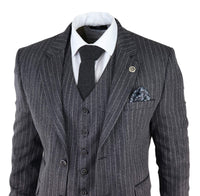 Men's Grey Pinstripe Herringbone Tweed 3 Piece Suit