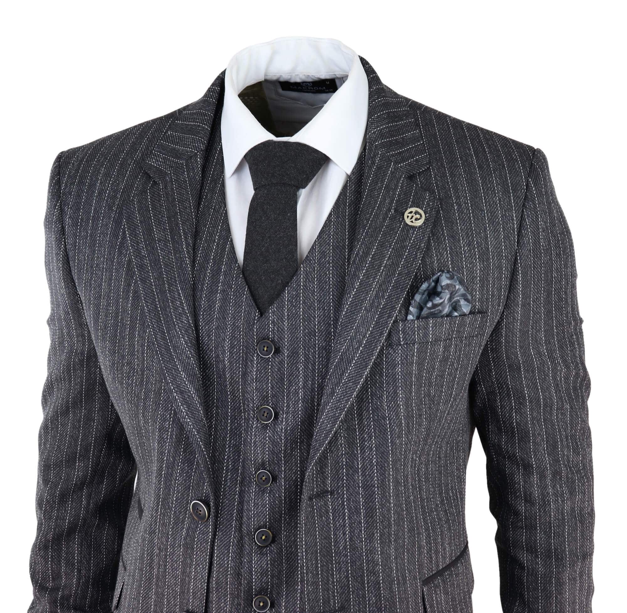 Men's Grey Pinstripe Herringbone Tweed 3 Piece Suit