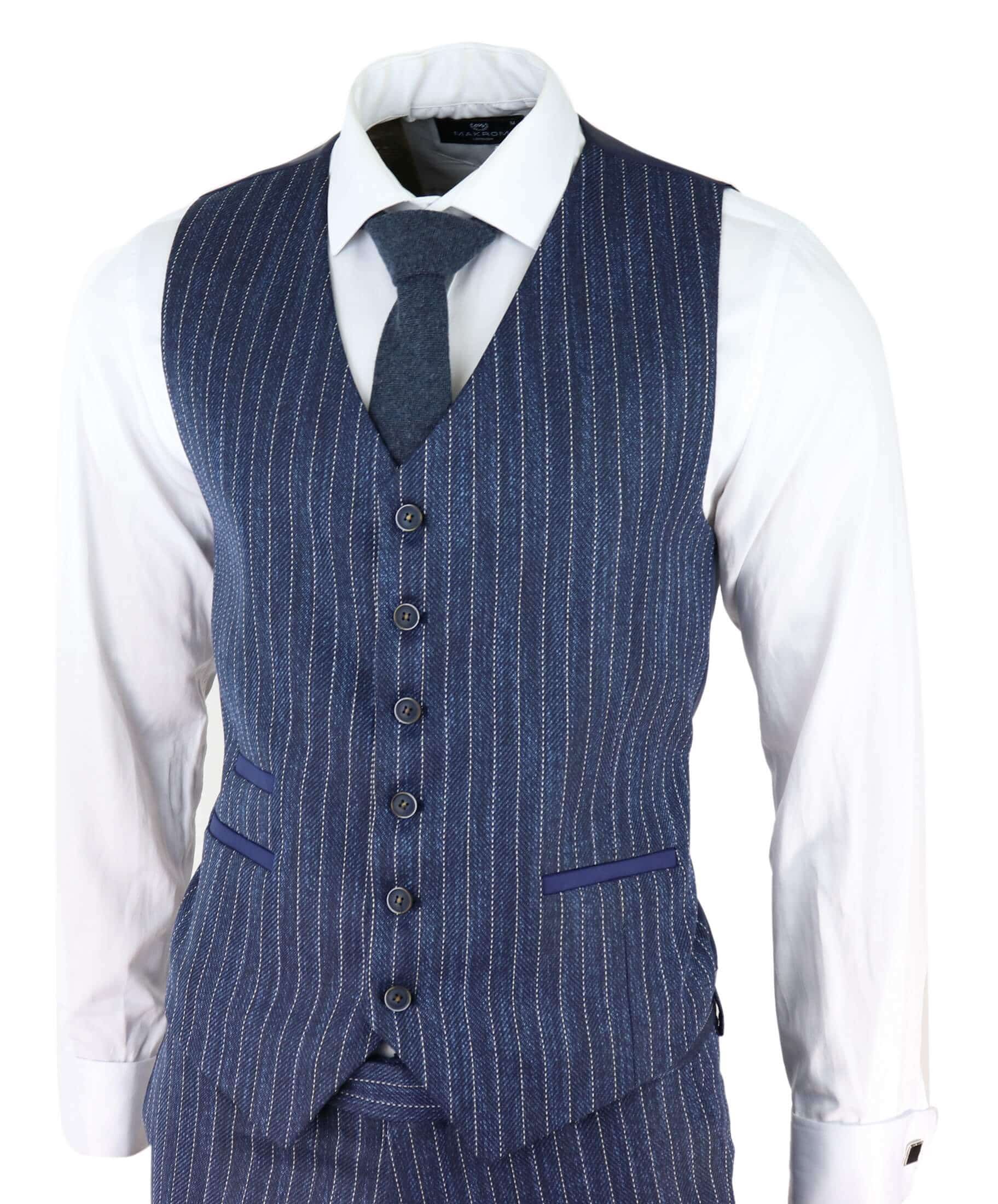 Men's Blue Pinstripe Herringbone Tweed 3 Piece Suit