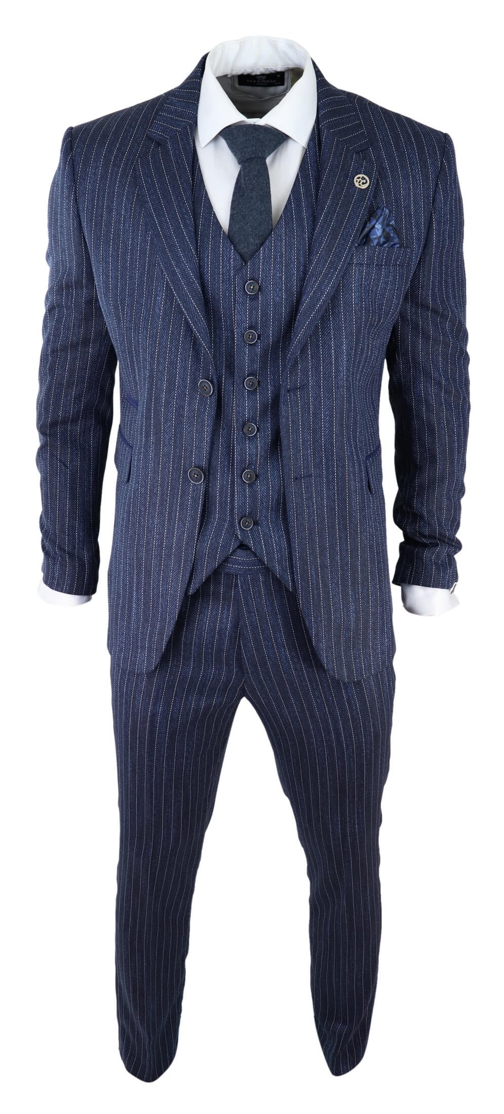 Men's Blue Pinstripe Herringbone Tweed 3 Piece Suit
