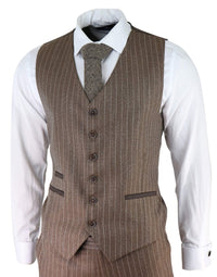 Men's Oak Brown Pinstripe Herringbone Tweed 3 Piece Suit