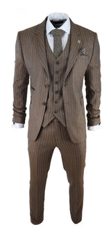 Men's Oak Brown Pinstripe Herringbone Tweed 3 Piece Suit