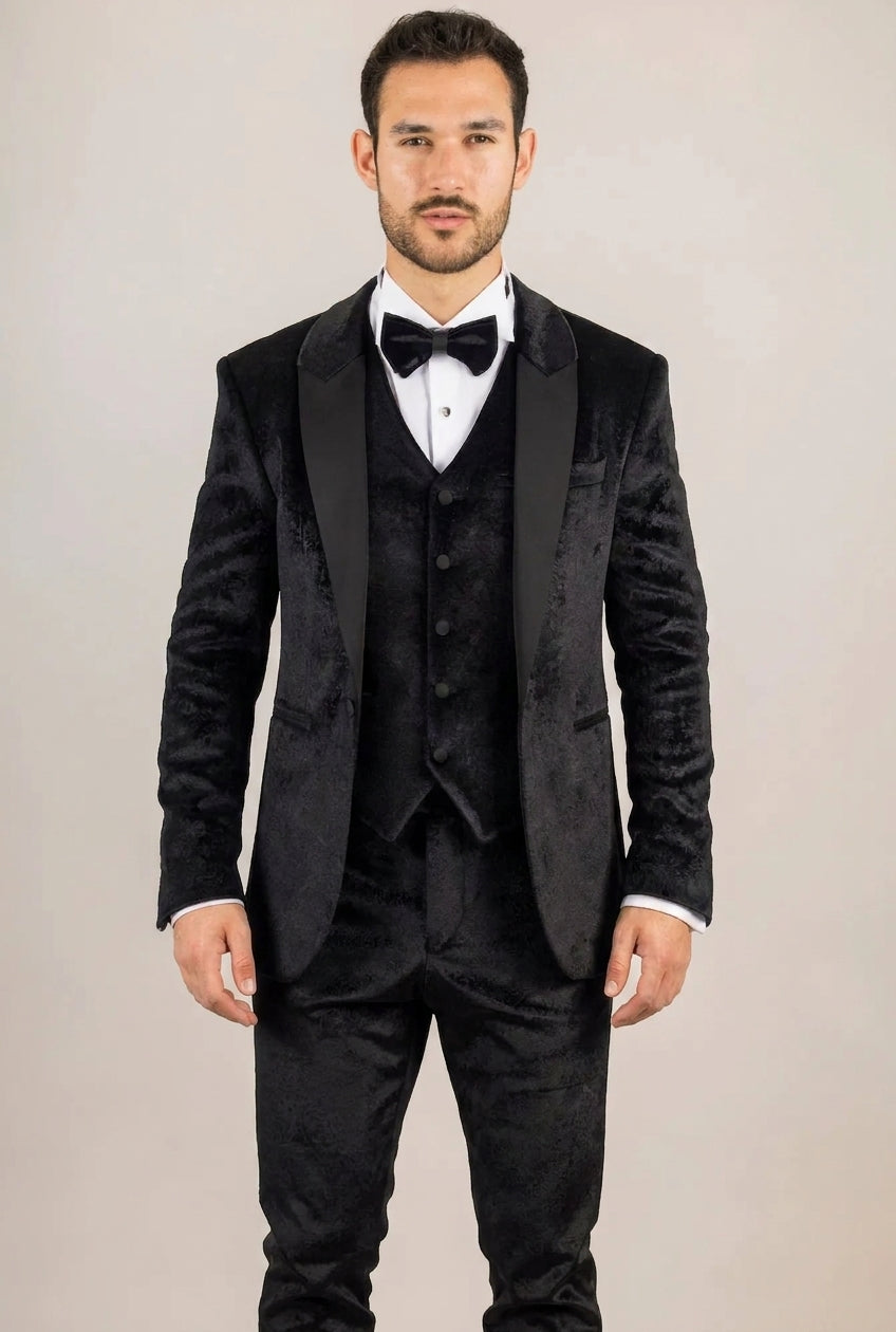 AK-26 Men's Black 3-Piece Velvet Wedding Tuxedo with Satin Lapels