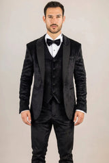 AK-26 Men's Black 3-Piece Velvet Wedding Tuxedo with Satin Lapels