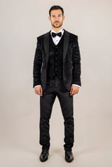 AK-26 Men's Black 3-Piece Velvet Wedding Tuxedo with Satin Lapels