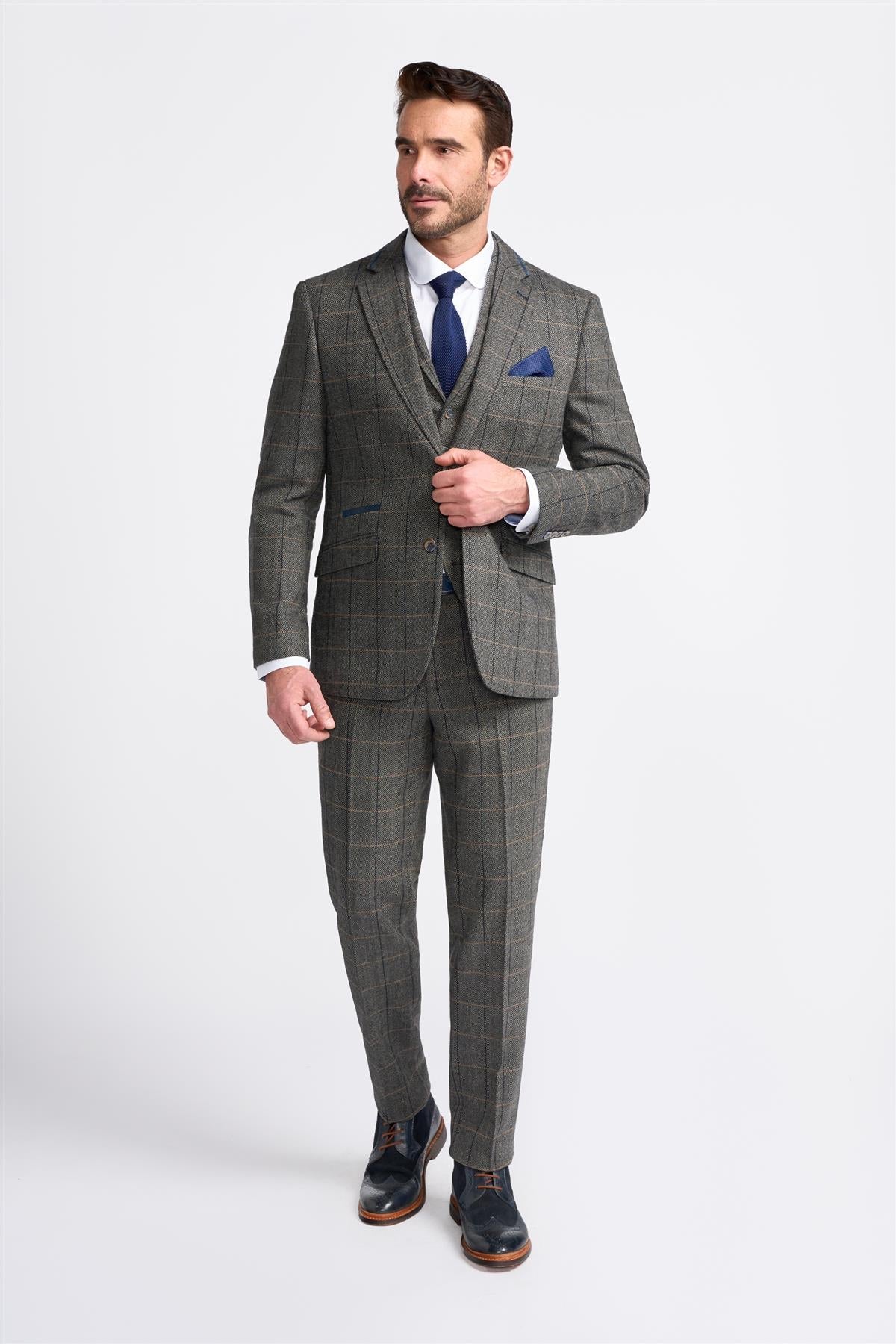 Cavani Albert - Men's Herringbone Tweed Check 3 Piece Suit - Charcoal