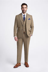 Cavani Albert - Men's Herringbone Tweed Check 3 Piece Suit - Tan Brown