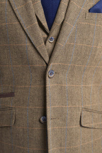 Cavani Albert - Men's Herringbone Tweed Check 3 Piece Suit - Tan Brown
