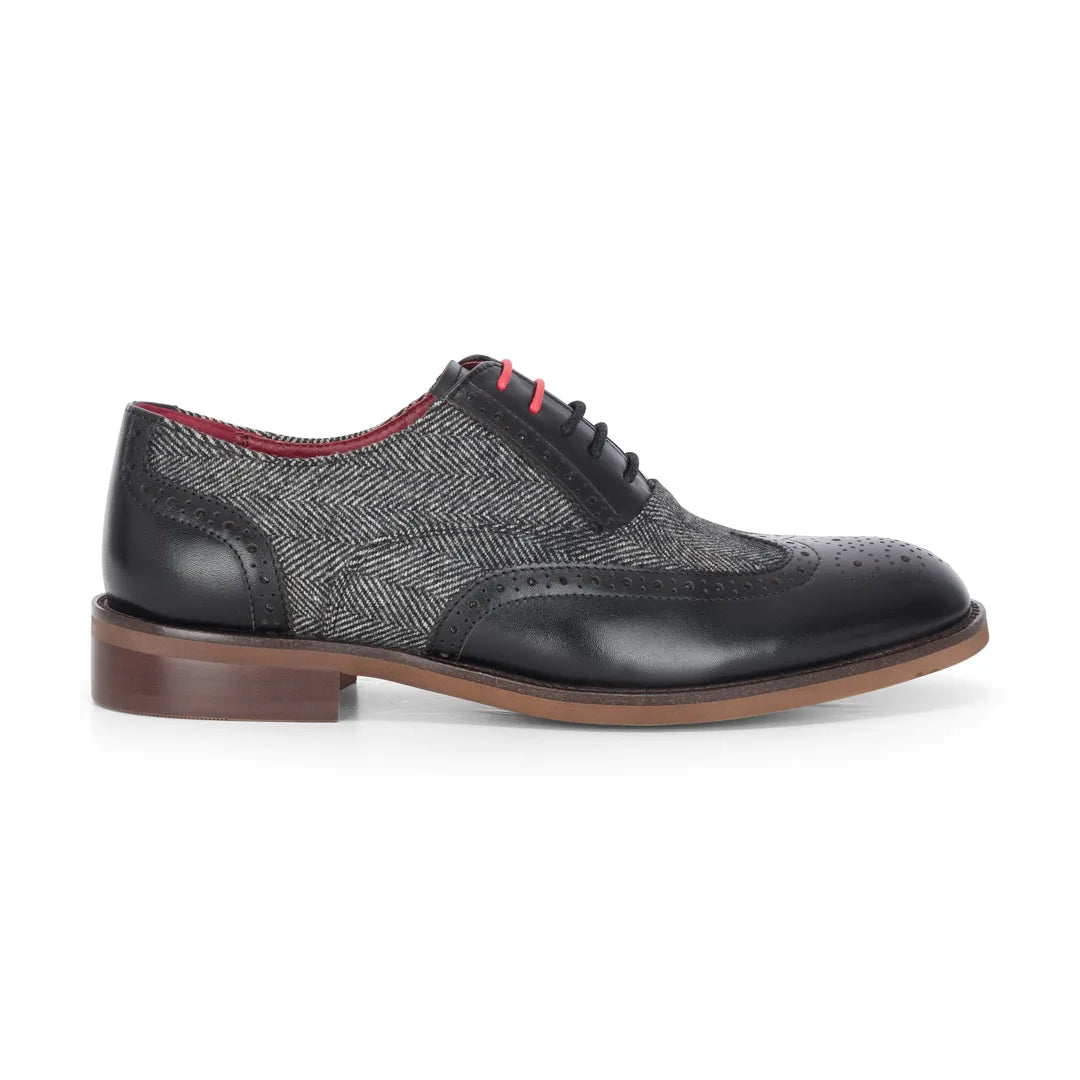 Albert - Men's Black Leather Tweed Detailing Brogue Shoes