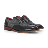 Albert - Men's Black Leather Tweed Detailing Brogue Shoes