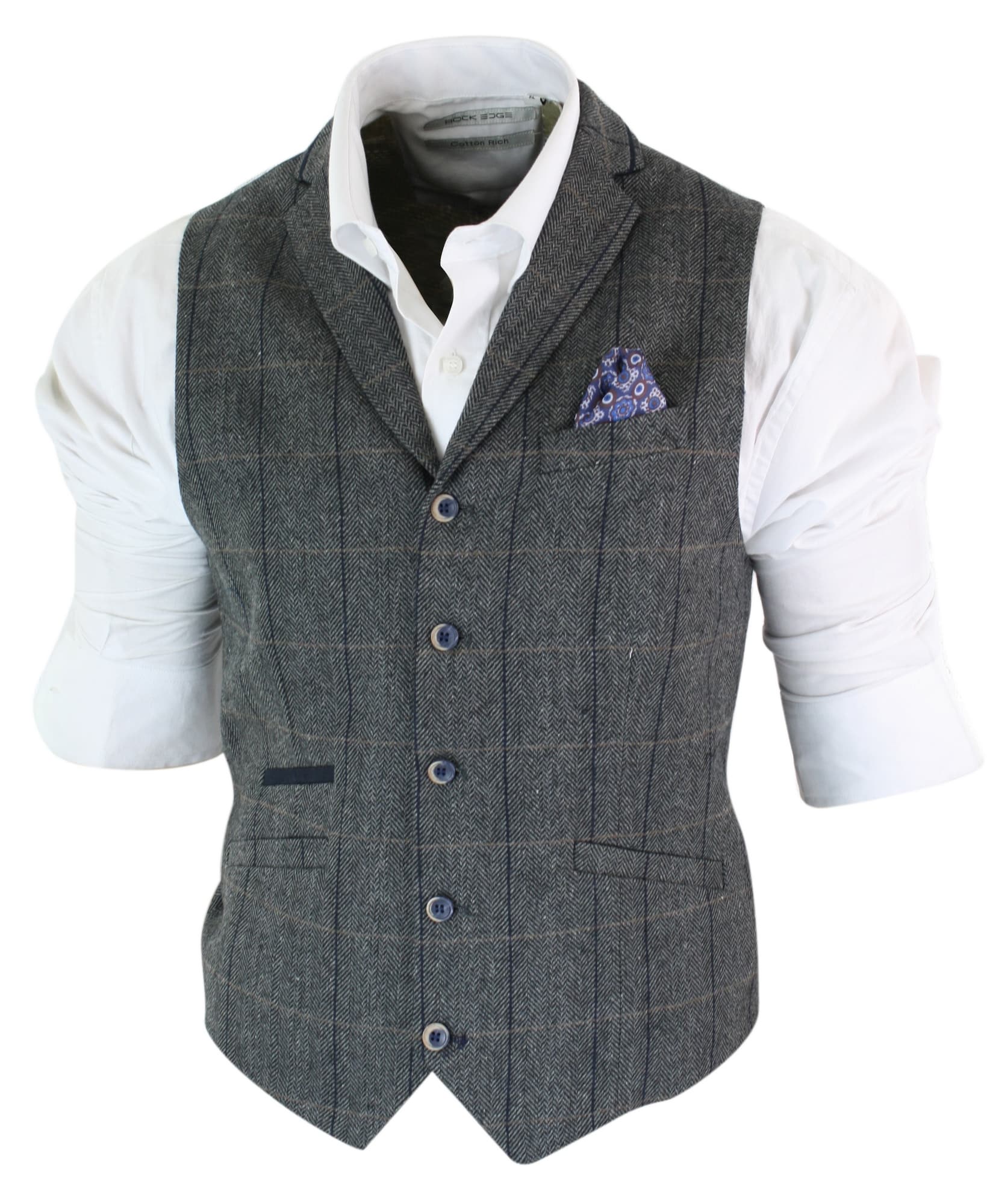 Cavani Albert - Mens Classic Tweed Herringbone Check Brown Grey Slim Fit Vintage Waistcoat Gilet-Charcoal