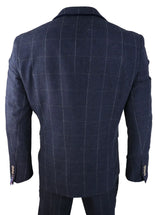Mens Navy Check 3 Piece Suit Wool Tweed Classic 1920s Vintage Tailored Fit Wedding