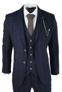Mens Navy Check 3 Piece Suit Wool Tweed Classic 1920s Vintage Tailored Fit Wedding
