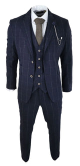 Mens Navy Check 3 Piece Suit Wool Tweed Classic 1920s Vintage Tailored Fit Wedding