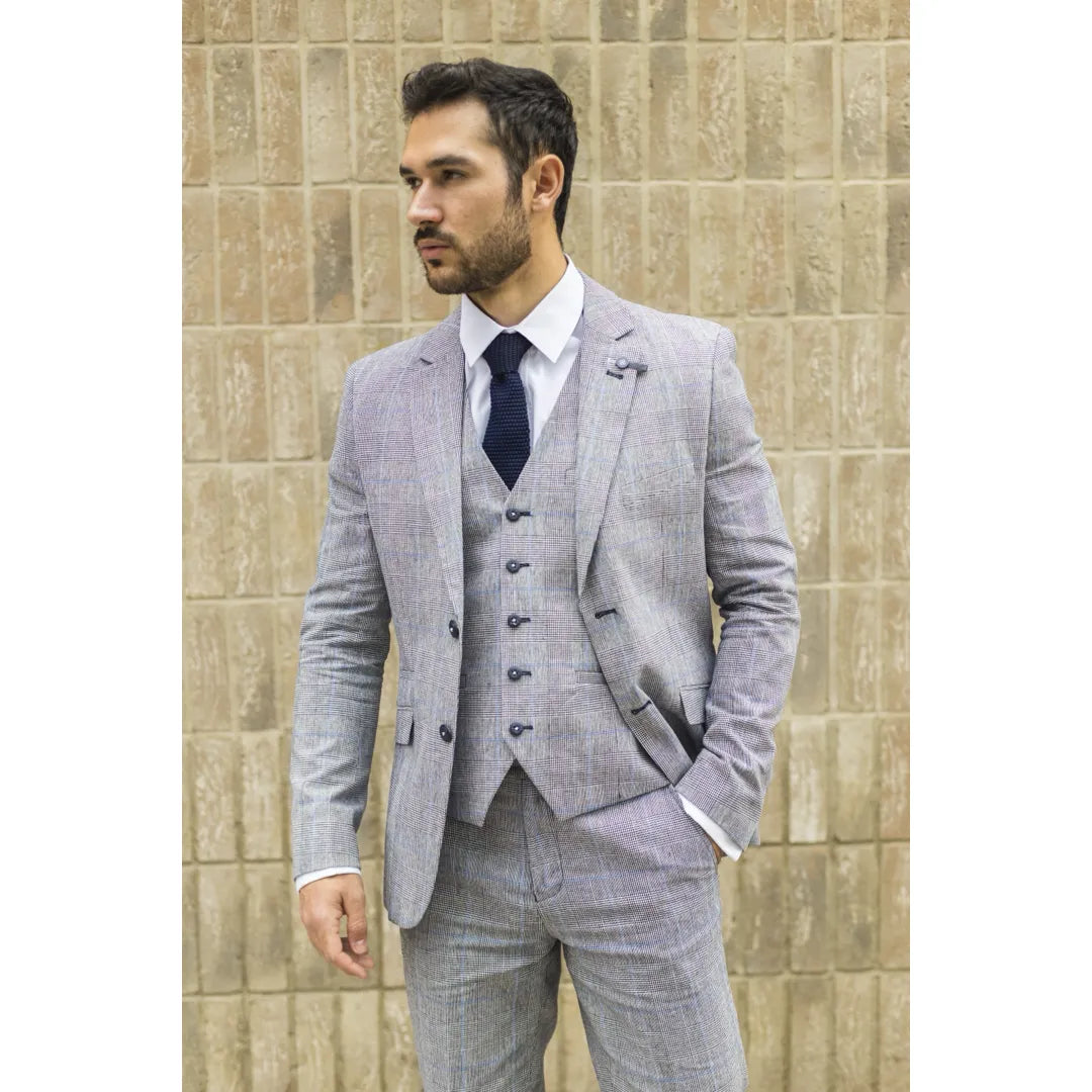 Mens 3 Piece Summer Suit Grey Check Blue Black Tailored Fit Classic Wedding Formal