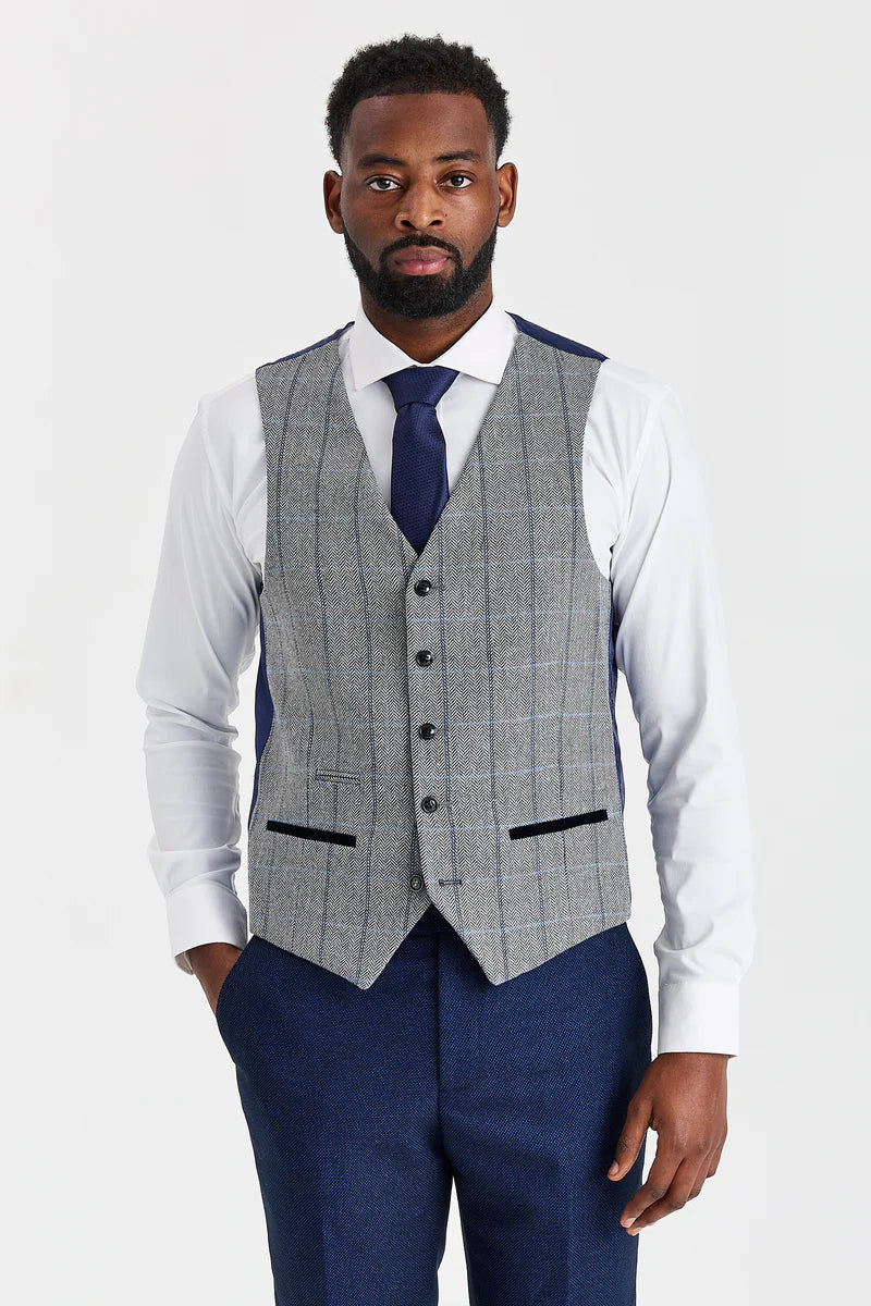 Arthur Navy Suit with Harris Grey Contrasting Tweed Waistcoat