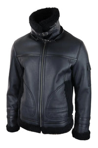 Mens Shearling Sheepskin Coat Zipped Flying Jacket Black Winter Warm Fur