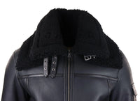 Mens Shearling Sheepskin Coat Zipped Flying Jacket Black Winter Warm Fur