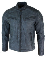 Real Washed Leather Slim Fit Retro Style Zipped Mens Biker Jacket Tan Brown Blue Urban-Zulu Blue