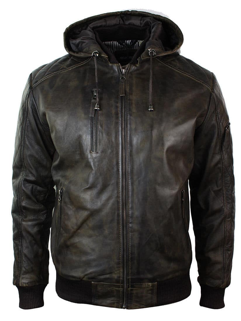 Mens Brown Washed Distressed Removable Hood Bomber Leather Jacket Quilted