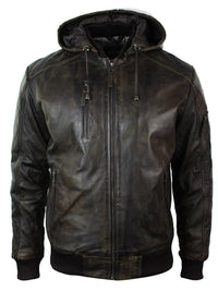 Mens Brown Washed Distressed Removable Hood Bomber Leather Jacket Quilted