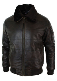 Mens Puffer Quilted Real Leather Pilot Fur Collar Bomber Jacket Black Vintage Brown-Brown