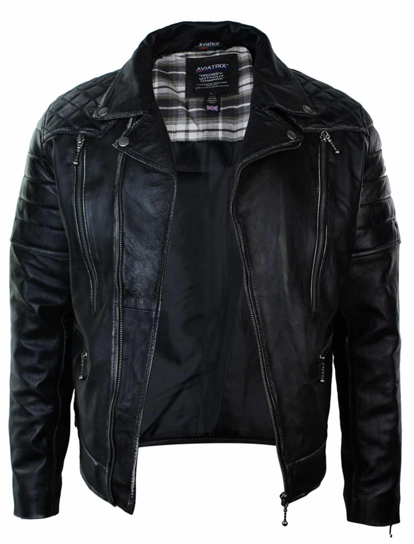 Real Leather Punk Rock Cross Zip Mens Biker Jacket Vintage Retro Effect
