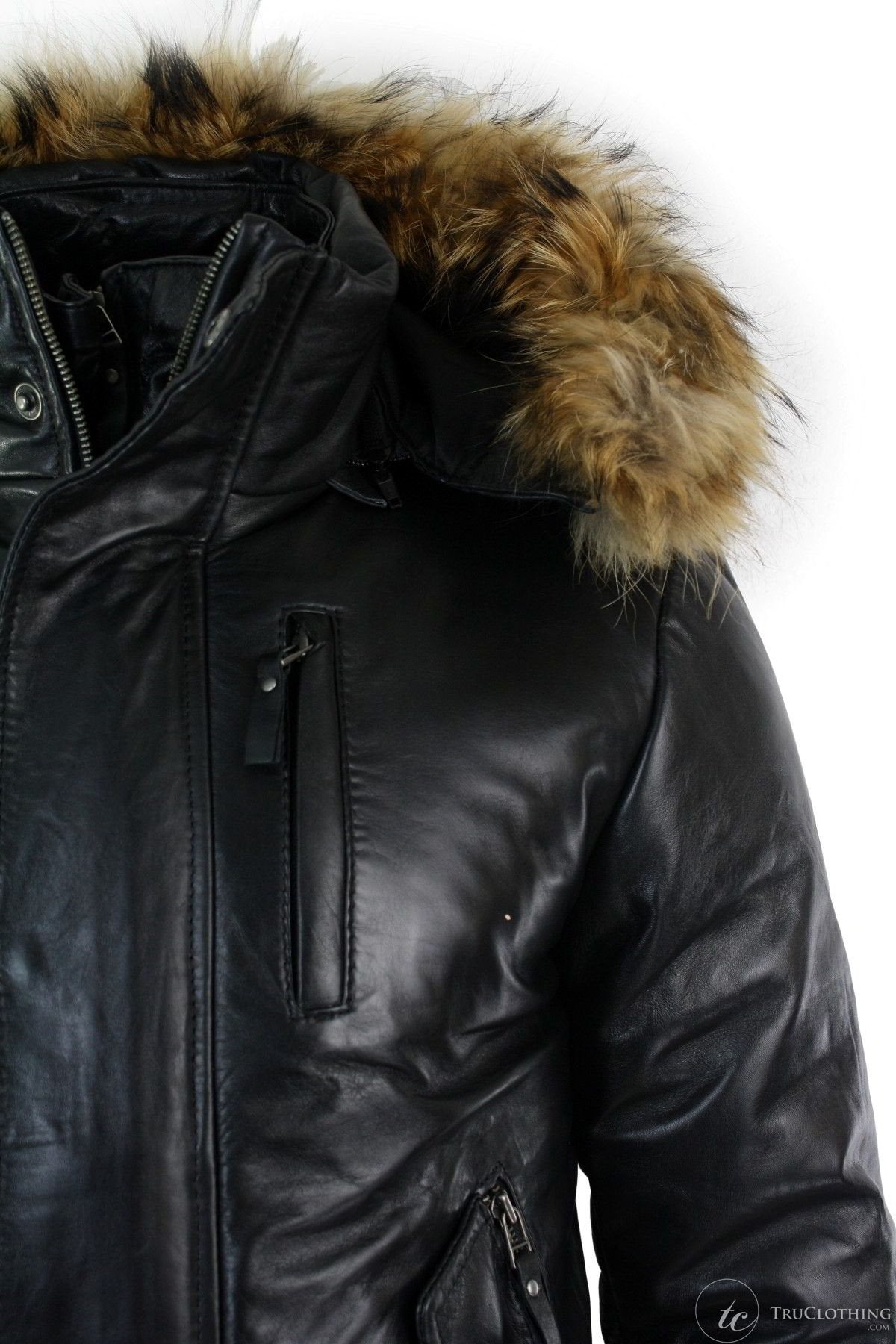 Mens Real Fur Hood Bomber Leather Jacket Black Puffer Padded-Black