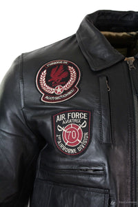 Mens Real Leather Black Bomber Badge Air Force Pilot Flying Jacket-Black
