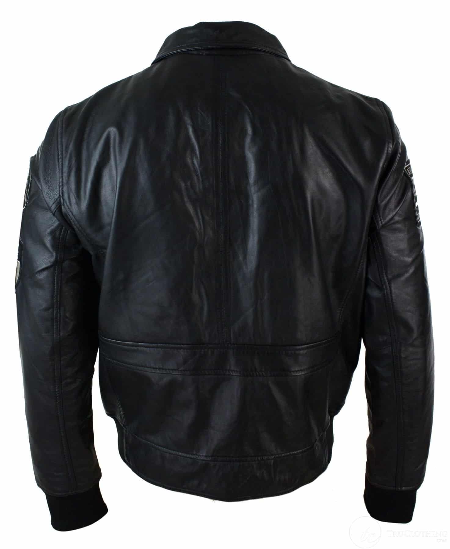 Mens Real Leather Black Bomber Badge Air Force Pilot Flying Jacket-Black