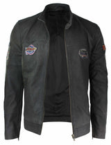 Real Leather Vintage Brown Racer Badge Mens Biker Jacket Washed Distressed Slim Fit