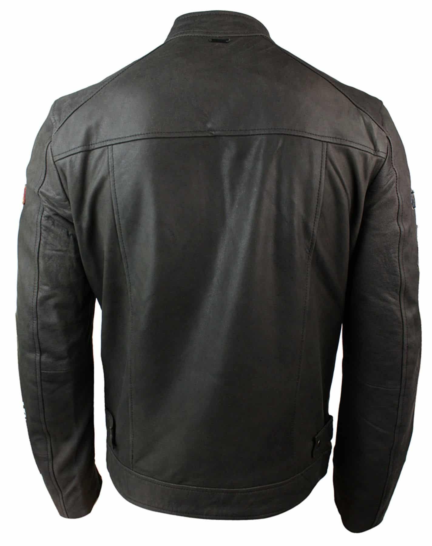 Real Leather Vintage Brown Racer Badge Mens Biker Jacket Washed Distressed Slim Fit