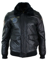 Mens Real Leather Black Aviator Fur Collar Pilot Jacket Slim Fit Bomber