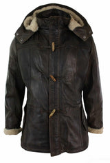 Mens Real Leather Hood Duffle Safari Jacket Long 3/4 Fur Washed Timber Brown Tan-Brown