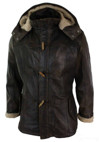 Mens Real Leather Hood Duffle Safari Jacket Long 3/4 Fur Washed Timber Brown Tan-Brown