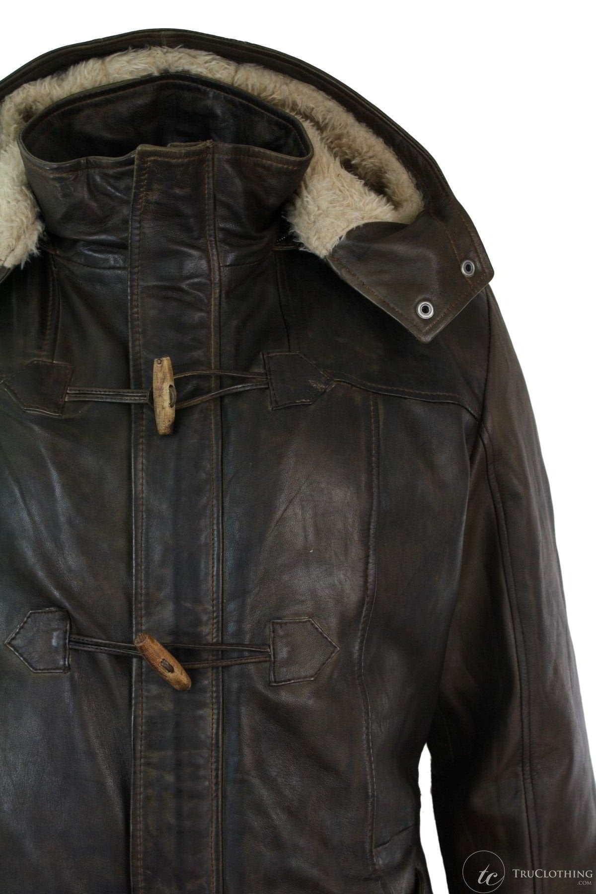 Mens Real Leather Hood Duffle Safari Jacket Long 3/4 Fur Washed Timber Brown Tan-Brown