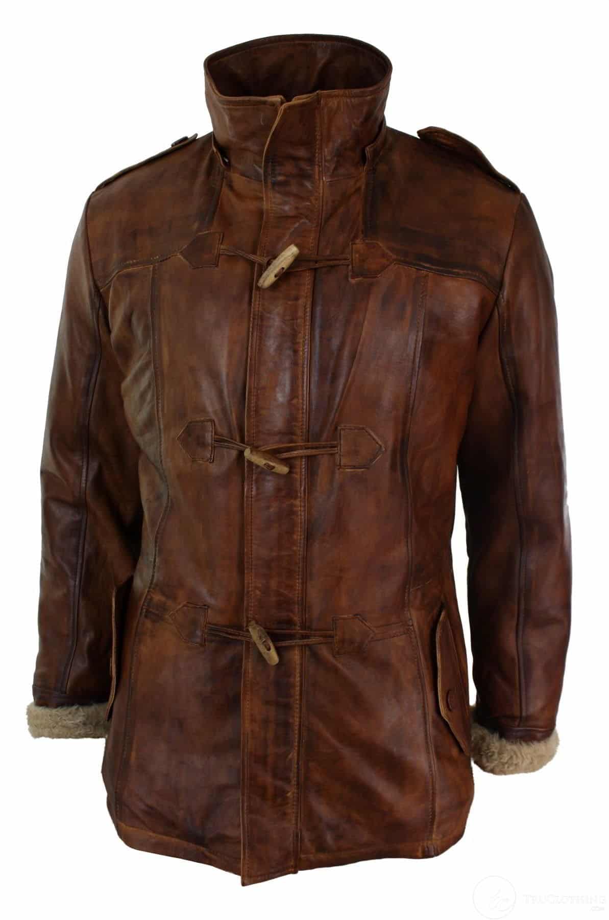 Mens Real Leather Hood Duffle Safari Jacket Long 3/4 Fur Washed Timber Brown Tan-Nevada Timber