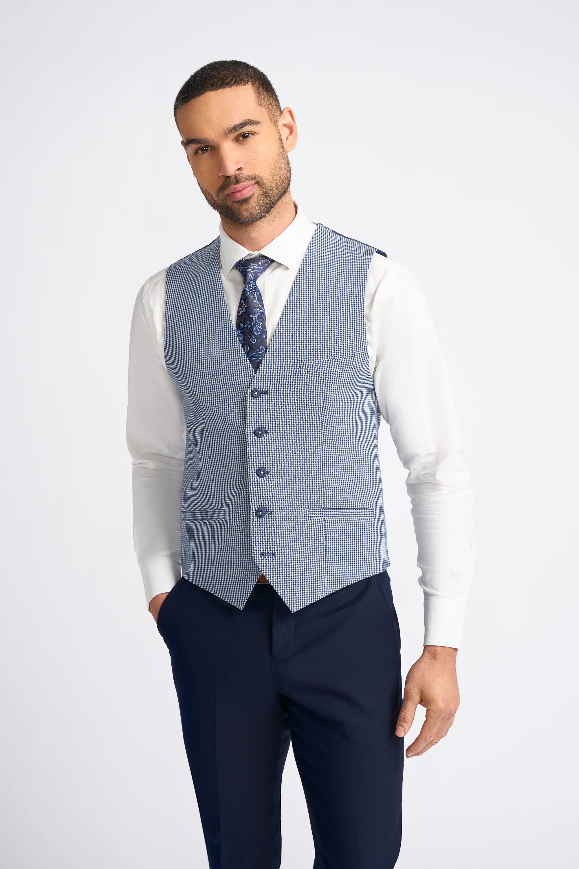 Baresi Men's 3-Piece Grey and Navy Contrasting Classic Summer Check Suit