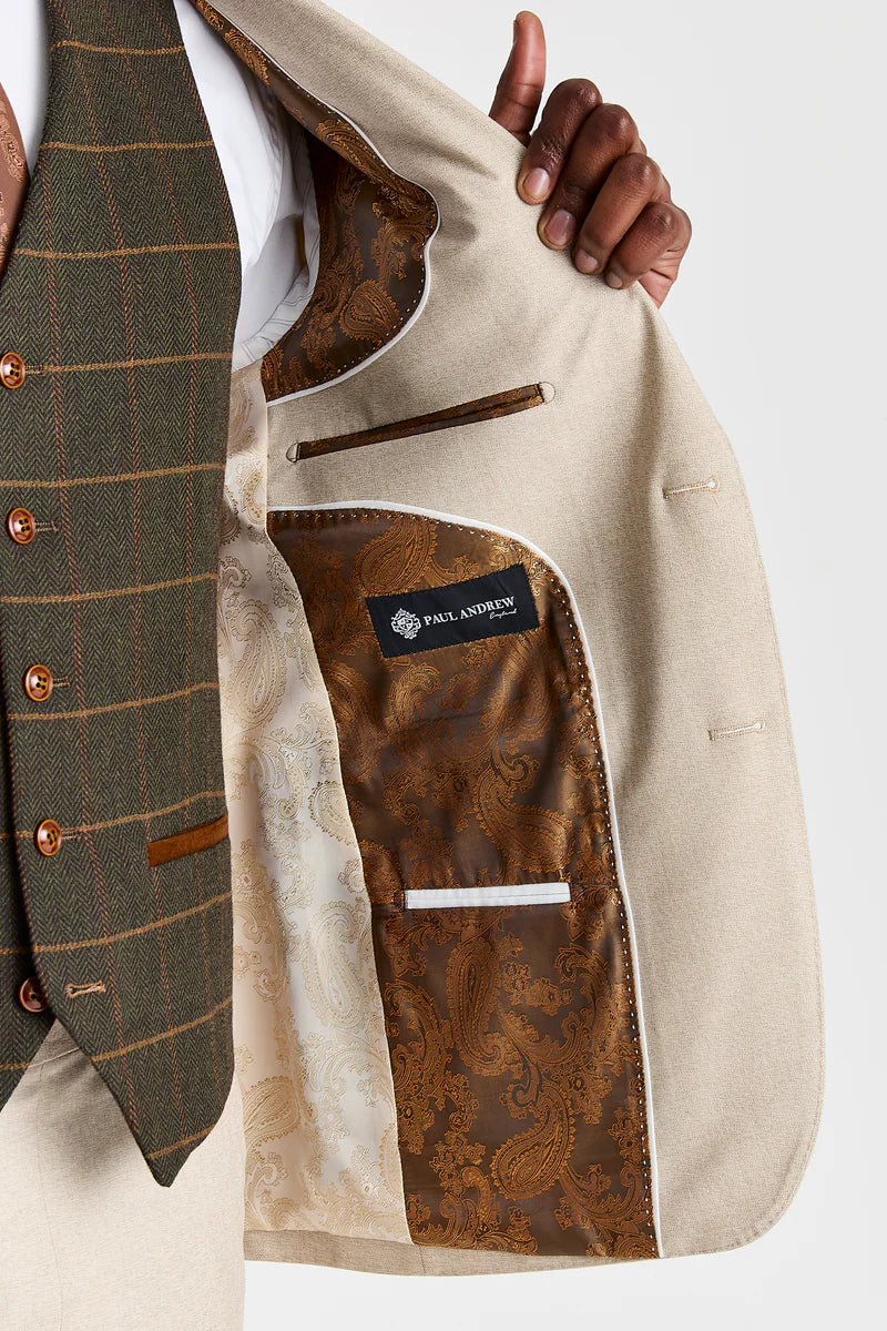 Belmont Beige Suit with Harris Green Tweed Waistcoat