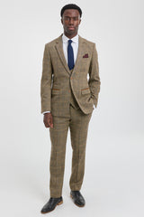 Mens 3 Piece Herringbone Tweed Tan Brown Check Suit Tailored Fit Double Classic