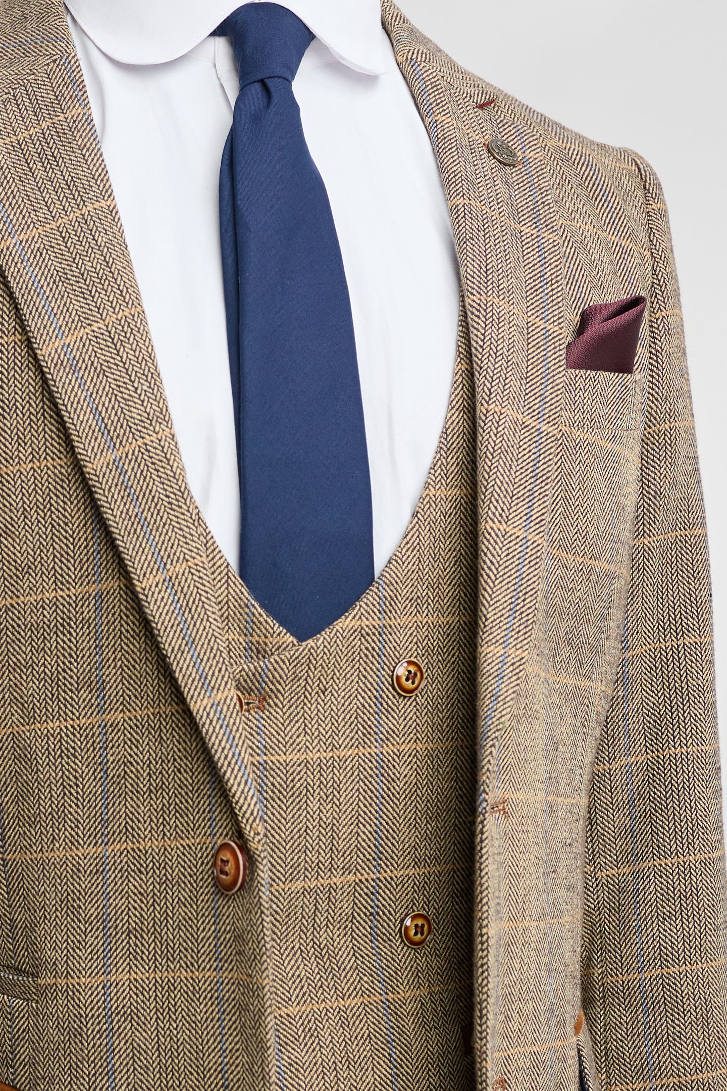 Mens 3 Piece Herringbone Tweed Tan Brown Check Suit Tailored Fit Double Classic