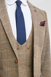 Mens 3 Piece Herringbone Tweed Tan Brown Check Suit Tailored Fit Double Classic