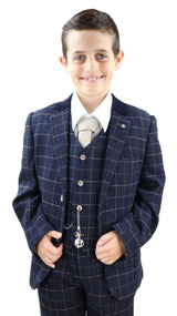 Boys Navy-Blue Check 3 Piece Suit - Peaky Blinders Suit Shelby