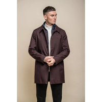 Men's Brando Mac Burgundy Overcoat Jacket High Collar Zip Button 3/9