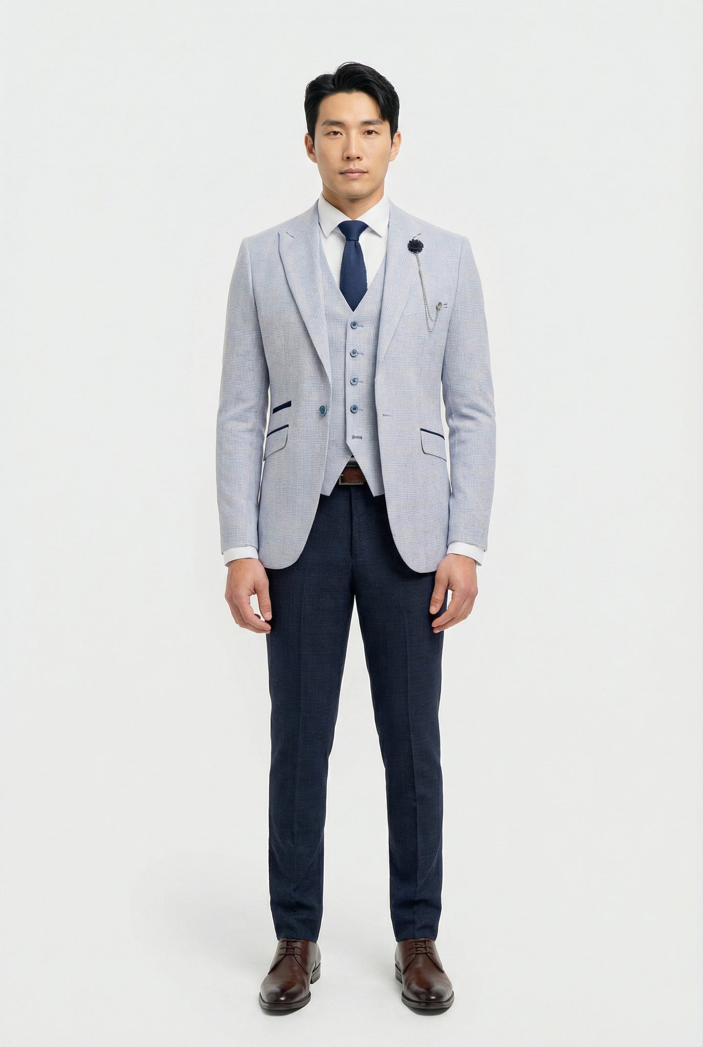 Men's Sky Blue Check 3-Piece Suit with Contrasting Navy Trousers